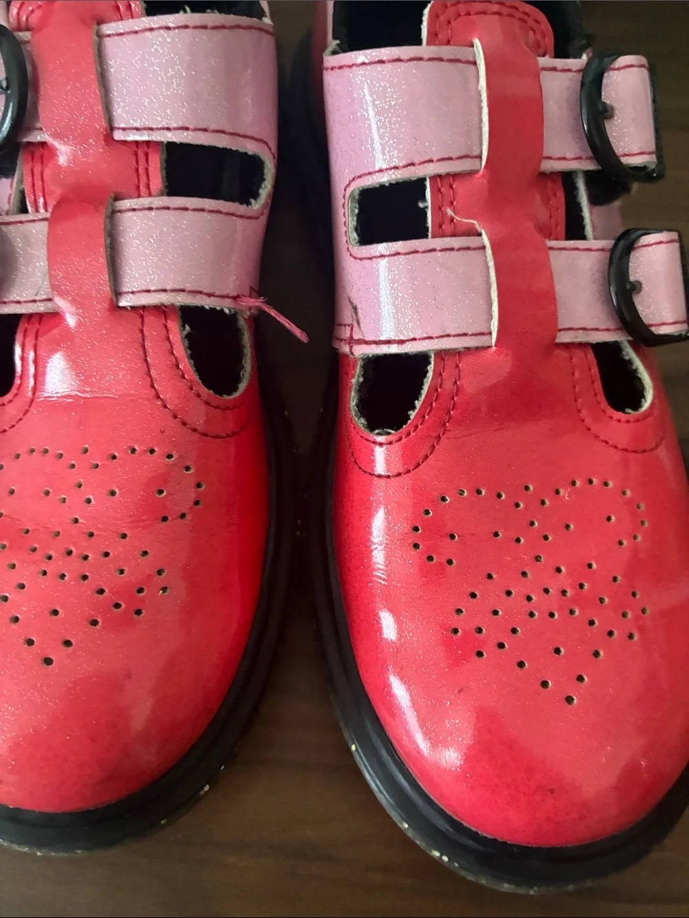 Dr. Martens Girls' Pink Double-Strap Heart-Perforated Mary Janes